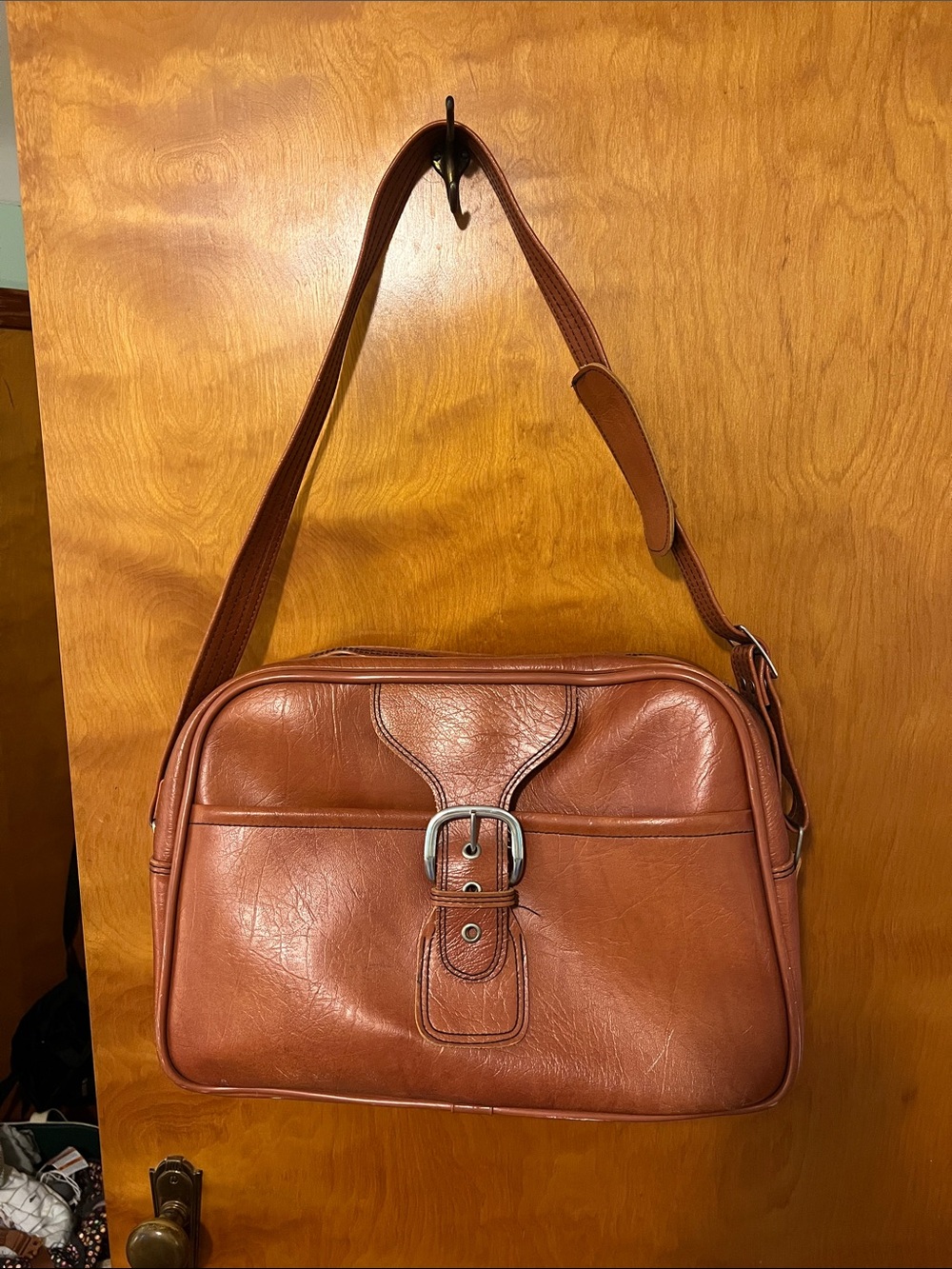 Vintage Chestnut Brown Leather Train/ Messanger Bag with Front Buckle